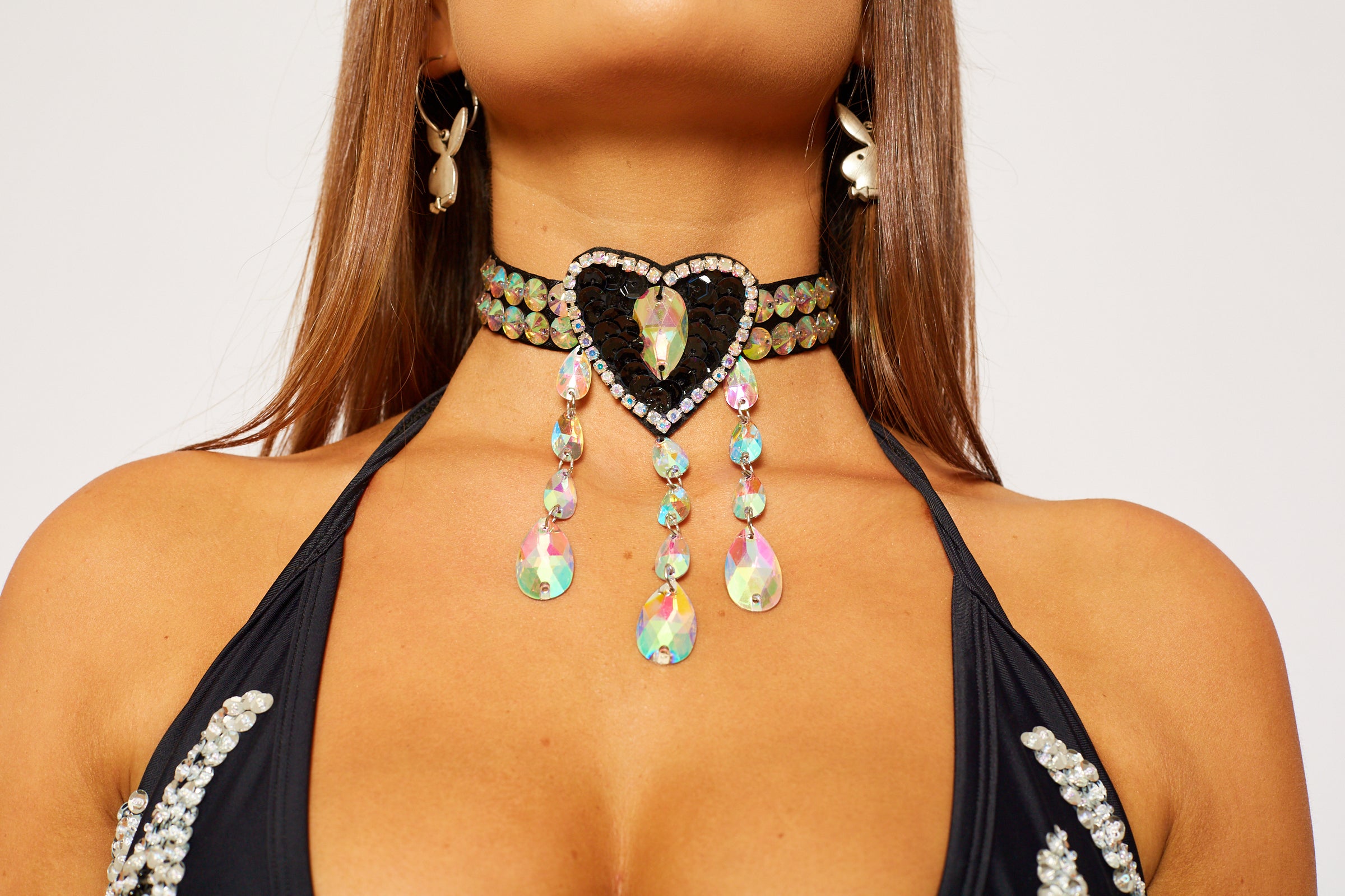 Sequin choker necklace black heart diamond festival edc silver coachella