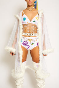 White sequin fur fluffy kimono jacket festival outfit fashion doof rave 