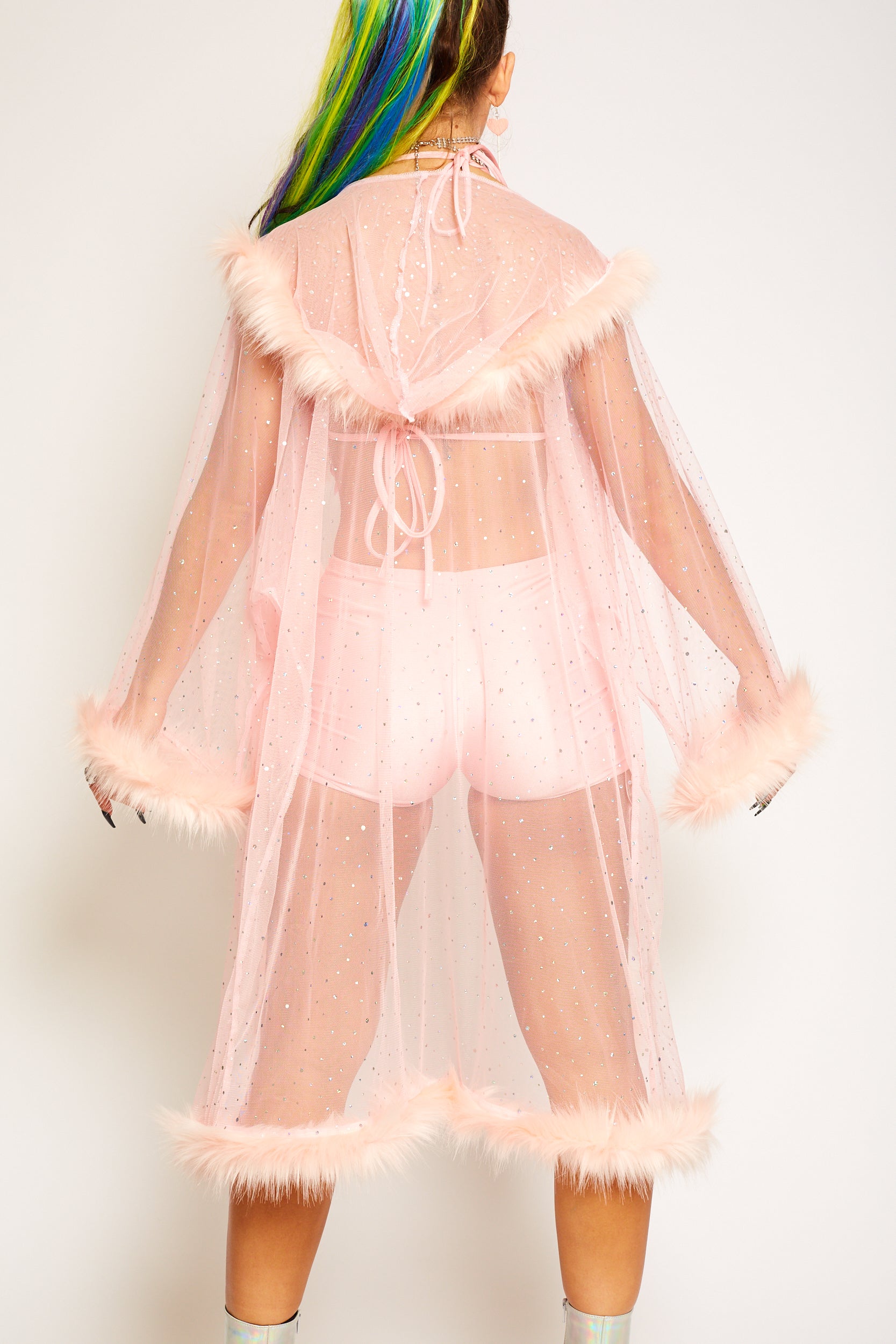 pink sequin fur fluffy kimono jacket festival outfit fashion doof rave 